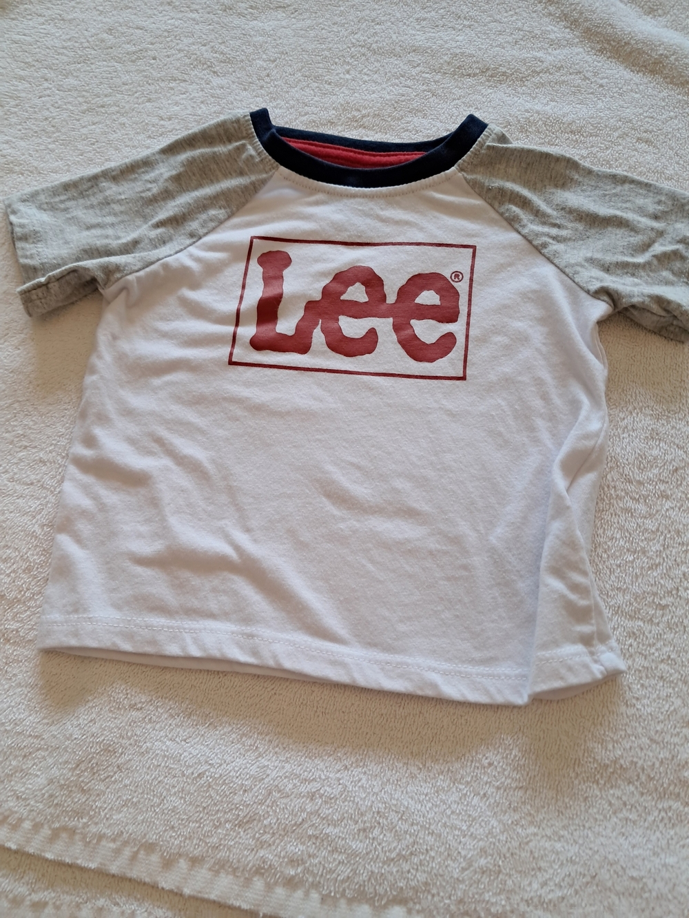 Lee White Tee with Gray Raglan Sleeves and Red Logo